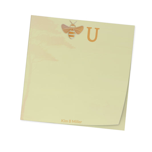 Bee" You Sticky Notes - Tree & Bee - 3" x 3" showing a pale yellow note with a bee illustration and U symbol by Kim B Miller from teelaunch for Self defined! Custom Sticky Notes and Bee-autiful
